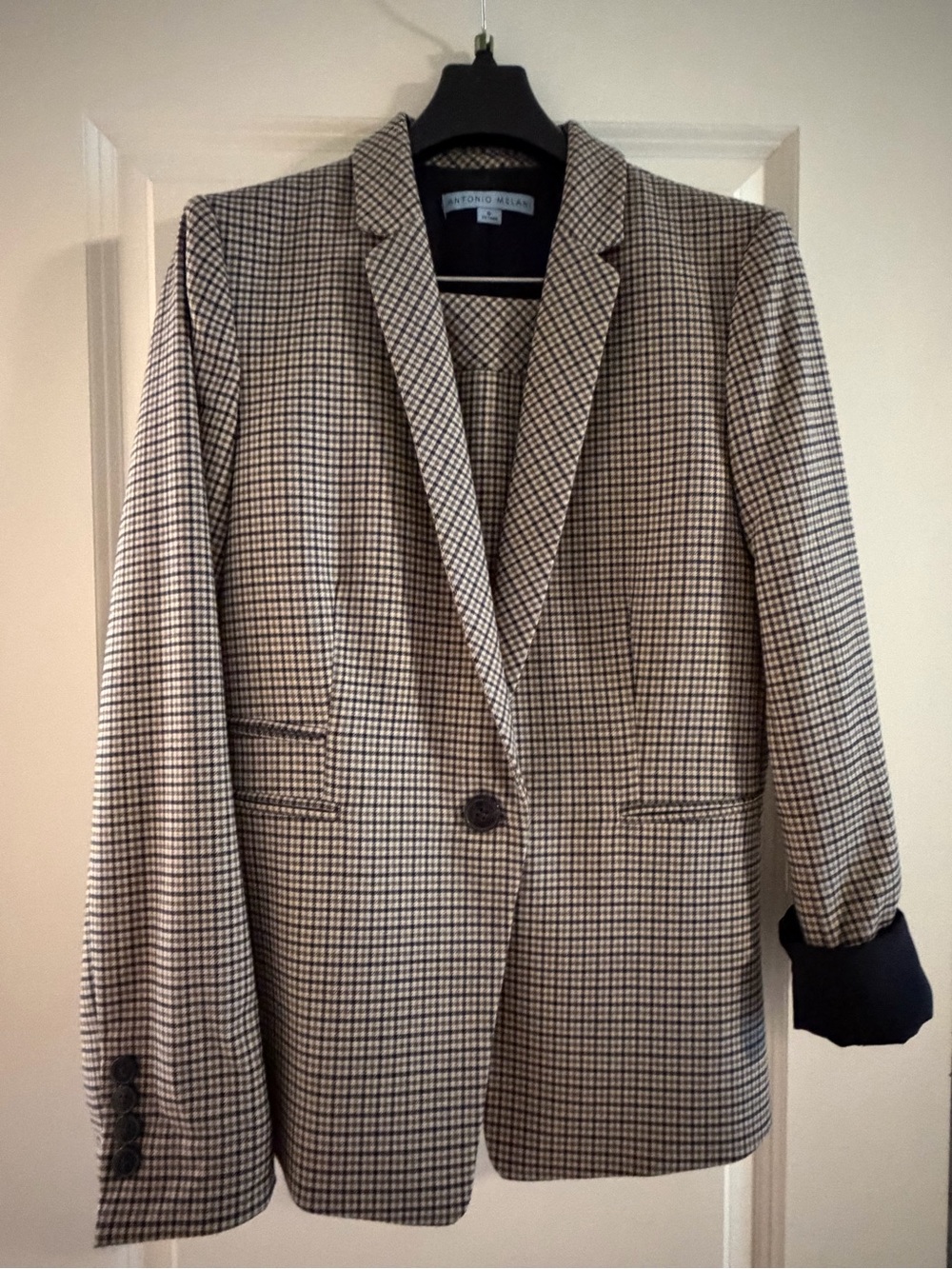 ANTONIO MELANI Beige and Black Houndstooth Single-Button Blazer